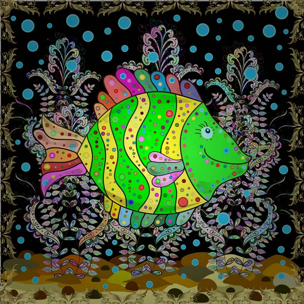 Бесшовно Смешные Мультяшные Красочные Рыбы Векторные Рыбы Зеленом Желтом Черном — стоковый вектор