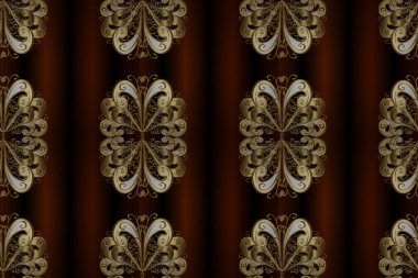 Kusursuz damaske klasik altın desen. Tekrarlayan elementlerle soyut arkaplan oluşturun. Kahverengi, bej ve siyah renklerde altın sarısı elementler. Raster illüstrasyonu.