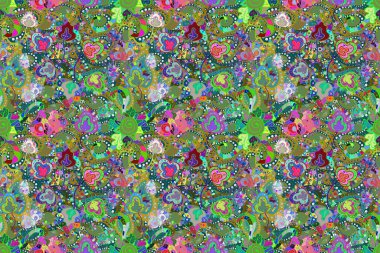 Mavi, nötr ve yeşil renklerde. Çiçek buketleriyle klasik tarzda kusursuz desen.