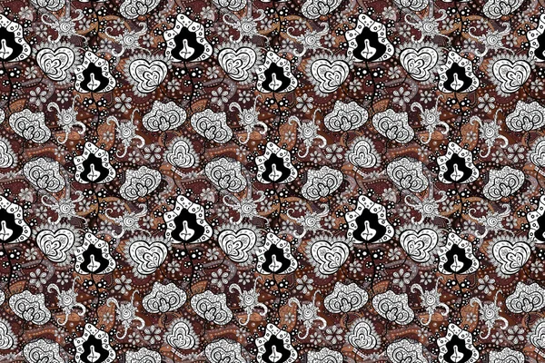 stock image A pattern of brown, white and black daisies on a brown, white and black colors. Raster illustration. On brown, white and black colors.