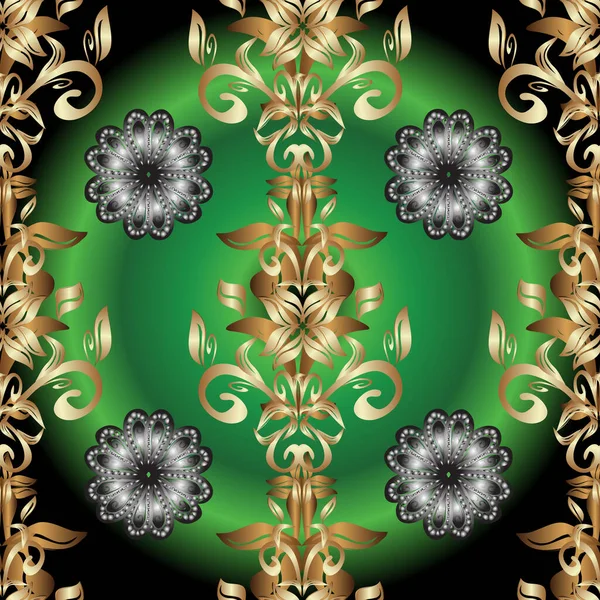 Ornate Decoratie Vintage Barokke Bloemen Naadloos Patroon Goud Groen Grijs — Stockfoto