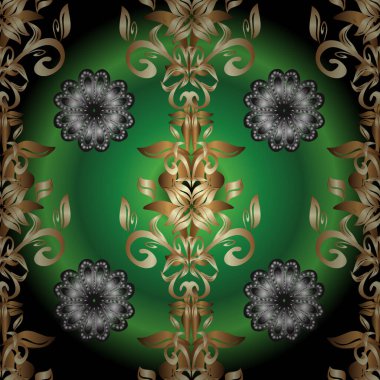 Vektör çizimi. Kusursuz desenli altın elementler. Gri, bej ve yeşil renklerde Royal retro. Klasik çiçek dokusu. Altın şablon. Kart, duvar kağıdı, ambalaj, tekstil için klasik tasarım.