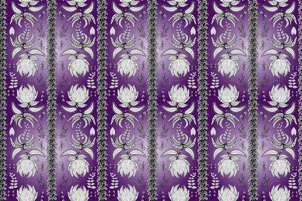 Flowers of the valley on purple, white and black colors. Seamless floral pattern.