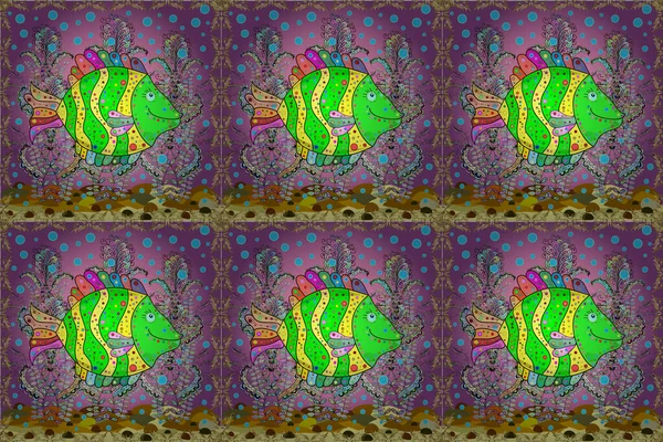 装饰装饰品 重复和交替组成元素的彩色图像 绿色和粉色上的鱼 拉斯特插图 摘要栅格图解 鱼的无缝图案 — 图库照片