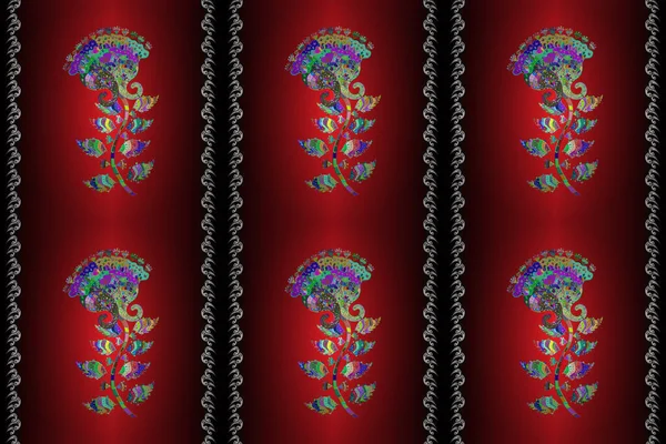 Flat Flower Elements Design. Cute flower raster pattern. Colour Spring Theme seamless pattern Background. Flowers on red, black and brown colors.