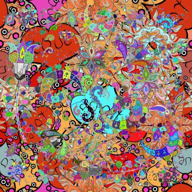 Vadinin çiçekleri bej, turuncu ve mavi renklerde. Soyut, etnik, kusursuz bir model. Çiçekler..