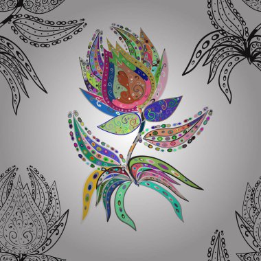 Renkli Yaz Temalı Kusursuz Arkaplan. Beyaz, nötr ve gri renkte çiçekler. Vektör illüstrasyonunda kusursuz çiçek deseni. Düz Çiçek Elementleri Tasarımı.