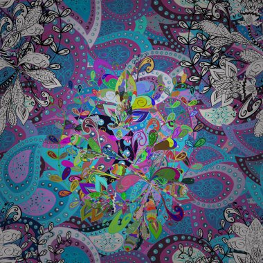 Vektör illüstrasyonunda kusursuz çiçek deseni. Suluboya tarzında mavi, mor ve beyaz renkte çiçekler.