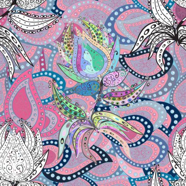 Tropik çiçekler. Tişörtsüz arka plan deseni. Mavi, nötr ve pembe renkte çiçekler.