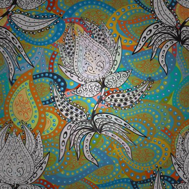 Parlak renkli fantezi çiçekleri, yapraklar, mavi, gri ve yeşil renkli tomurcuklar, mavi, gri ve yeşil. Çiçeksiz desenli, suluboya elle çizilmiş elementler..