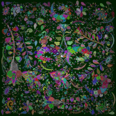 Çiçeksiz desenli nakış işlemeli gelincikler ve vadideki zambaklar. Tekstil tasarımı için mavi, yeşil ve mor renkli geleneksel halk çiçekleri.