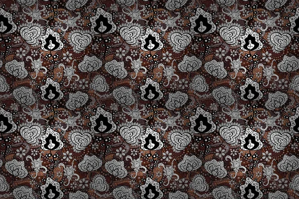 stock image Floral hand drawn seamless pattern. Modern flourish black, white and brown raster background wallpaper illustration with vintage line art tracery paisley flowers, flowery ornaments.