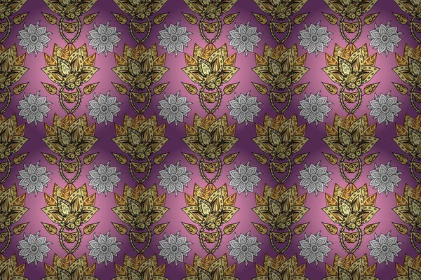 Openwork delicate golden pattern. Raster. Oriental style arabesques. Brilliant lace, flowers, paisley. Seamless golden texture curls. Seamless pattern purple, pink, yellow colors with golden elements.