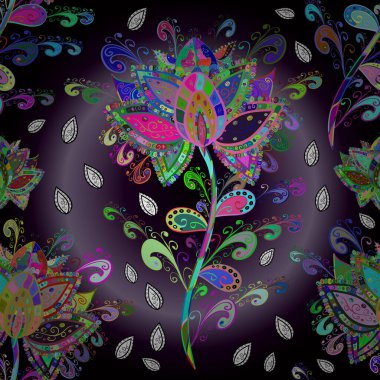 Soyut etnik vektör kusursuz desen. Kabile sanatı boho baskısı, klasik çiçek arkaplanı. Arkaplan dokusu, duvar kağıdı, çiçek teması yeşil, siyah ve nötr renklerde.