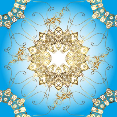 Klasik oryantal desen kahverengi, nötr ve mavi renkler üzerinde. Damask pürüzsüz süsü. Geleneksel ve altın desen.