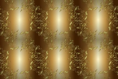 Altın elementlerle bej, sarı ve kahverengi renklerde kusursuz klasik desen. Noel, kar tanesi, yeni yıl 2019.