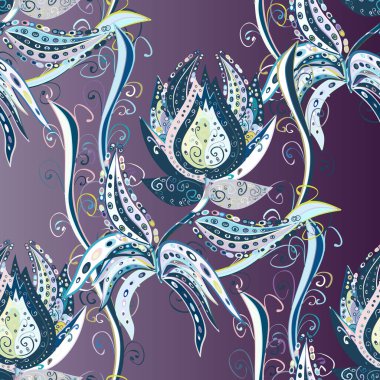 Tarafsız, gri ve mavi renklerde Asya tekstili. Çiçeklerle suluboya desenleri.