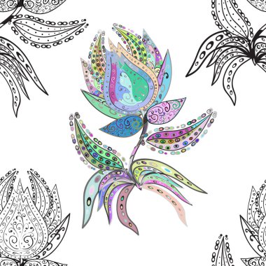 Şablon. Gri, beyaz ve nötr renklerde. Soyut çiçek desensiz arkaplan. Küçük çiçekte sevimli çiçek deseni var..