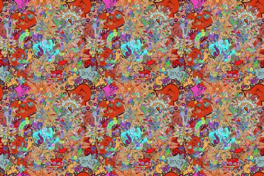 Çiçekler bej, turuncu ve mavi renklerde. Renkli bahar temalı, pürüzsüz arka plan. Çiçekli, suluboya desenli kusursuz çiçek deseni. Düz Çiçek Elementleri Tasarım Raster illüstrasyonu.