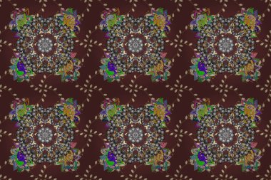 İslami renkli mandala yuvarlak süslemesi sarı, kahverengi ve gri renklerde. Raster Mimari Müslüman dokusu tasarımı. Broşürler, Pers motifleri ve davetiyeler için kullanılabilir.