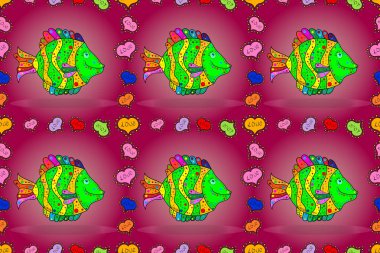 Renkli balıkların su altında yüzdüğü kusursuz bir sahne. Mor, pembe ve yeşil renkli balıklar. Raster illüstrasyonu.