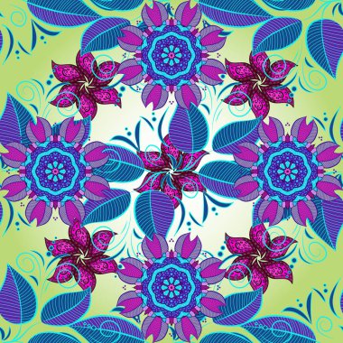 Renkli Bahar Temalı Kusursuz Arkaplan. Çiçekli, suluboya desenli kusursuz çiçek deseni. Tarafsız, mor ve mavi renkte çiçekler. Düz Çiçek Elementleri Tasarımı.