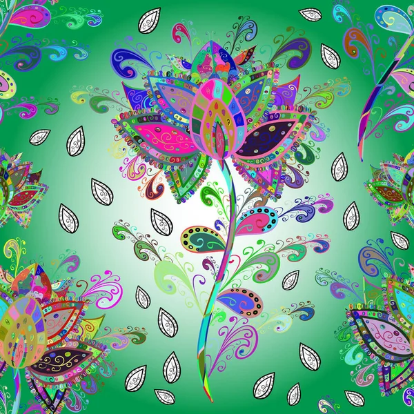 花卉幻想设计在明亮的背景无缝模式 平面花卉元素设计 色泉主题无缝图案背景 — 图库照片