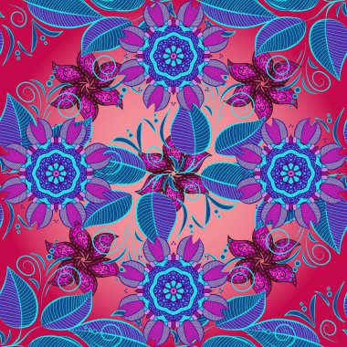 Mavi, kırmızı ve pembe küçük çiçekler ve mavi, kırmızı ve pembe renkli komik böcekler, vektör dokusu, illüstrasyon.