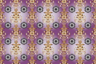 Süslü raster dekorasyonu. Mor, nötr ve gri renklerde altın element. Mor, nötr ve gri yerine altın rengi klasik barok çiçeksiz desenler. Lüks, kraliyet ve Viktorya dönemi konsepti.