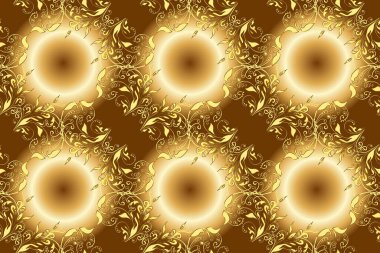 Altın antika ortaçağ dekoratifi, yaprakları ve bej, sarı ve kahverengi renklerde altın desenli süslemeleri olan dikişsiz bir şablon. Kusursuz kraliyet lüksü, altın barok kumaş rengi..