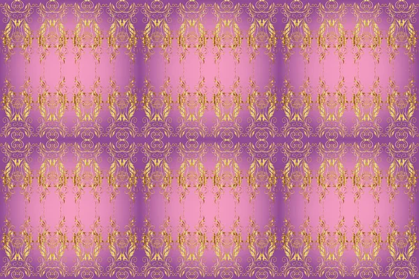 Golden pattern on violet, purple and pink colors with golden elements. Traditional classic golden pattern. Seamless oriental ornament in the style of baroque. Raster oriental ornament.