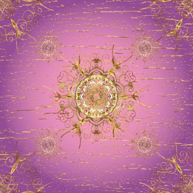 Dekoratif simetri arabesk. Kusursuz ortaçağ çiçek desenli. Mor üzerine altın, pembe ve mor renkler. Doğum günü, davetiye ya da afiş için tebrik kartı.
