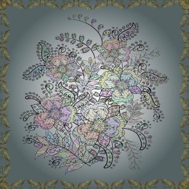 Vector illustration. Gentle, spring floral on gray, neutral and blue colors. Vector floral pattern in doodle style with flowers.