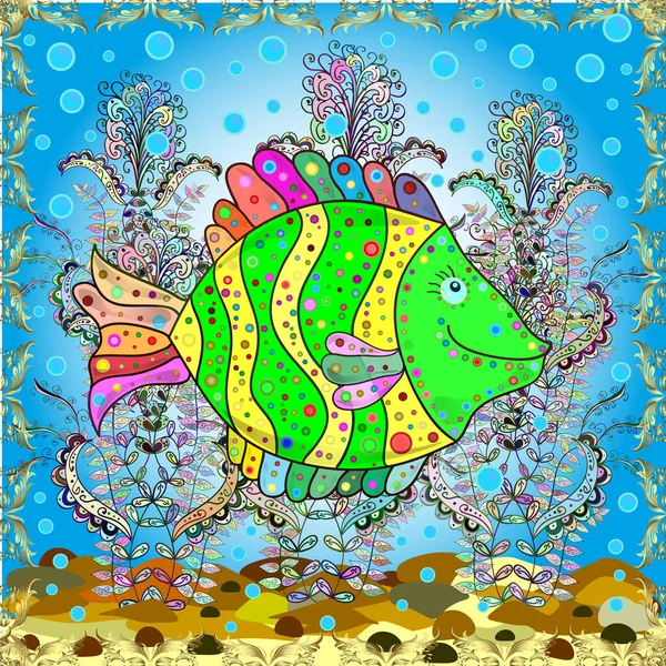 Рыбы Голубом Нейтральном Зеленом Милая Коллекция Рыбных Мультфильмов Бесшовно Векторная — стоковый вектор