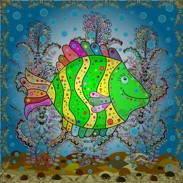 Рыбы Зеленого Нейтрального Синего Цветов Векторный Безморский Узор Мультяшными Разноцветными — стоковый вектор