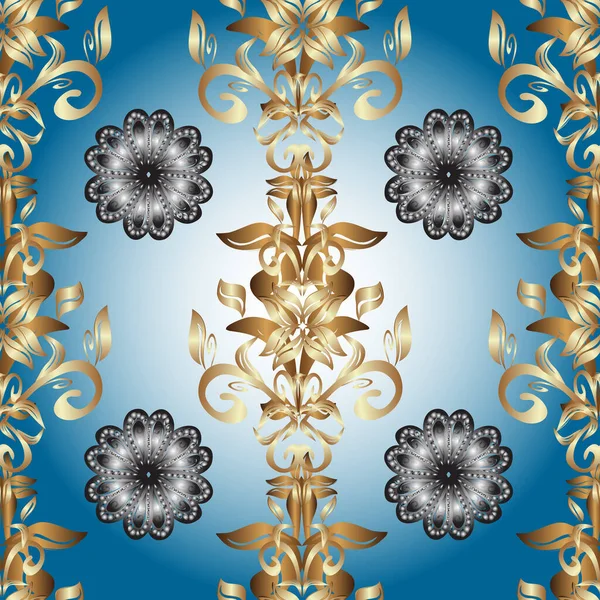 黄金の要素と青 中性とベージュの色 花模様の金属 シームレスな黄金のパターン 金色の花の装飾錦のテキスタイルパターン 白いドア — ストック写真