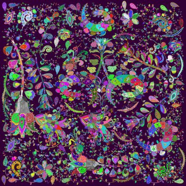 Mavi, kahverengi ve yeşil renkte çiçekler. Vektör çizimi. Çiçek süsü ile kusursuz desen.