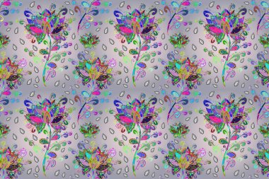 Küçük çiçekteki sevimli çiçek deseni. Yeşil, nötr ve gri renkte. Raster illüstrasyonu. Soyut çiçek desensiz arkaplan. Raster deseni.