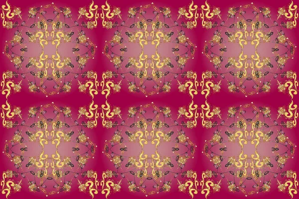 Raster illustration. Traditional orient ornament. Classic vintage background. Seamless classic raster golden pattern. Seamless pattern on purple, brown and pink colors with golden elements.