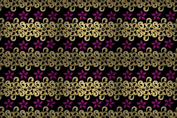 Flat Flower Elements Design. Cute flower raster pattern. Flowers on black, yellow and brown colors. Colour Summer Theme seamless pattern Background.