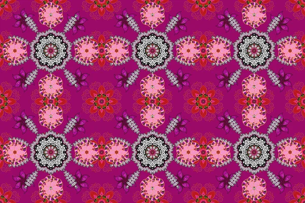 stock image Raster illustration. Seamless pattern with cute flowers and leaves on purple, white and orange colors, watercolor floral pattern, tileable for wallpaper, card or fabric.