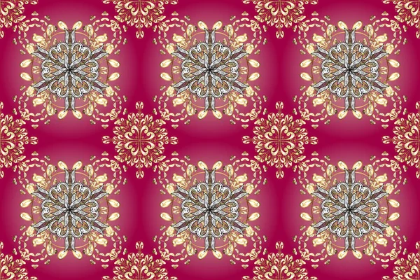 Seamless golden pattern. Golden pattern on pink, purple and white colors with golden elements. Raster oriental ornament.