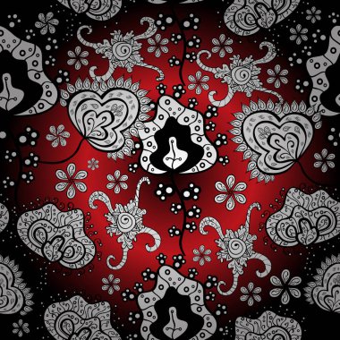 Düz Çiçek Elementleri Tasarımı. Renkli Bahar Temalı Kusursuz Arkaplan. Şirin çiçek vektör deseni. Çiçekler beyaz, kırmızı ve siyah renklerde.