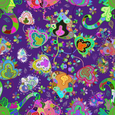 Yeşil, mavi ve mor renkli çiçekler. Tropik çiçekler. Tişörtsüz arka plan deseni.