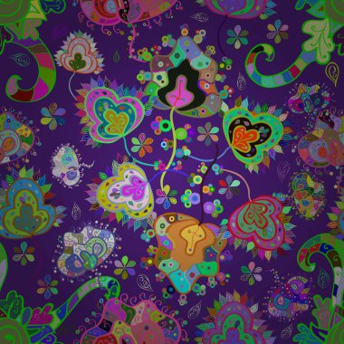 Hint süsü. Vektör çizimi. Yeşil, mavi ve mor renklerde. Renkli süs kenarı. Kusursuz desen. Çiçek duvar kağıdı.