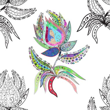 Gri, beyaz ve nötr renklerde çiçekler. Çiçeksiz desenli arka plan, darbeler, sıçramalar, yaz çiçekleri. Vektör illüstrasyonu.