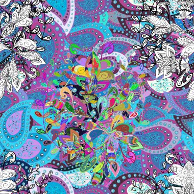 Çiçek elementli zarif vektör dokusu. Menekşe, mavi ve beyaz renkler ve parlak çiçekler üzerinde soyut, pürüzsüz desenler. Küçük çiçekte şirin bir çiçek deseni var..