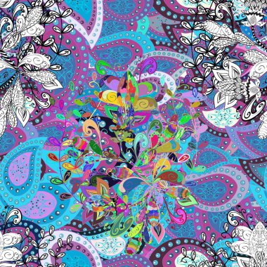 Beyaz, mavi ve mor renkli çiçekler. Kusursuz çiçek deseni..