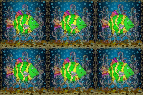 カラフルな夏のデザイン 水中ラスター抽象的な背景 黄色のエキゾチックな魚と熱帯魚のシームレスなパターン — ストック写真
