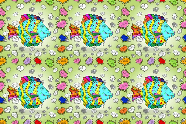 色彩艳丽的纹理鱼图案 在中性 蓝色和米黄色的和弦上的Fishe 拉斯特插图 无缝隙的彩色背景 — 图库照片